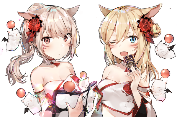 Anime picture 1632x1080 with final fantasy final fantasy xiv square enix miqo'te moogle sabet (young ouo) long hair looking at viewer blush open mouth blue eyes simple background blonde hair white background bare shoulders multiple girls animal ears upper body ponytail one eye closed
