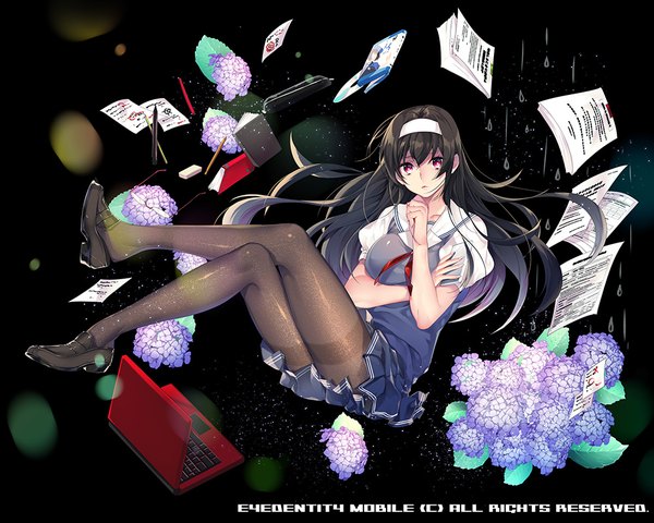 Anime picture 1000x800 with saenai heroine no sodatekata a-1 pictures kasumigaoka utaha mirunai single long hair looking at viewer black hair red eyes legs crossed legs dark background girl skirt uniform flower (flowers) school uniform miniskirt pantyhose black pantyhose