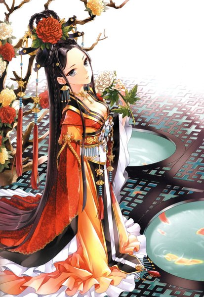 Anime picture 1189x1725 with original cocoon (loveririn) long hair tall image breasts blue eyes black hair cleavage very long hair traditional clothes japanese clothes chinese clothes girl plant (plants) earrings tree (trees) kimono jewelry fish (fishes) goldfish