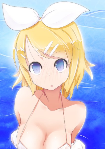 Anime picture 1413x2000 with vocaloid kagamine rin pon (shind 997) single tall image looking at viewer blush short hair breasts open mouth blue eyes light erotic blonde hair upper body from above girl hair ornament ribbon (ribbons) swimsuit hair ribbon