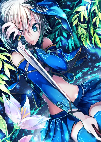 Anime picture 2507x3541 with en@rain single tall image looking at viewer highres short hair open mouth blue eyes white hair girl skirt flower (flowers) weapon plant (plants) detached sleeves sword