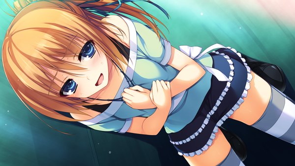 Anime picture 2560x1440 with reminiscence kizuna (reminiscence) tomose shunsaku single long hair looking at viewer blush highres open mouth blue eyes blonde hair wide image bare shoulders game cg ponytail hand on chest girl thighhighs ribbon (ribbons) hair ribbon