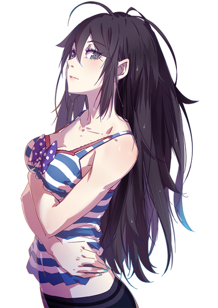 Anime picture 800x1131 with benghuai xueyuan honkai (series) raiden mei cici single long hair tall image looking at viewer blue eyes black hair bare shoulders looking away transparent background girl bow blouse