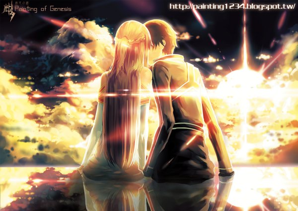 Anime picture 2000x1414 with sword art online a-1 pictures yuuki asuna kirigaya kazuto ko2915277ok long hair highres short hair black hair brown hair sitting bare shoulders sky cloud (clouds) braid (braids) sunlight couple back reflection kiss