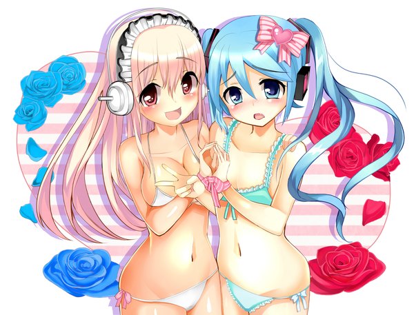 Anime picture 1200x915 with vocaloid nitroplus hatsune miku super sonico razuchi long hair looking at viewer blush breasts open mouth blue eyes light erotic simple background smile large breasts twintails bare shoulders multiple girls holding blue hair