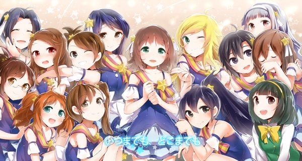 Anime picture 1552x831 with idolmaster hoshii miki kisaragi chihaya amami haruka ganaha hibiki shijou takane minase iori kikuchi makoto hagiwara yukiho miura azusa takatsuki yayoi akizuki ritsuko futami mami futami ami otonashi kotori yuran (cozyquilt) long hair looking at viewer blush short hair