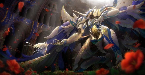 Anime picture 2480x1282 with original pinakes highres wide image white hair fantasy angel dress flower (flowers) petals wings armor mecha