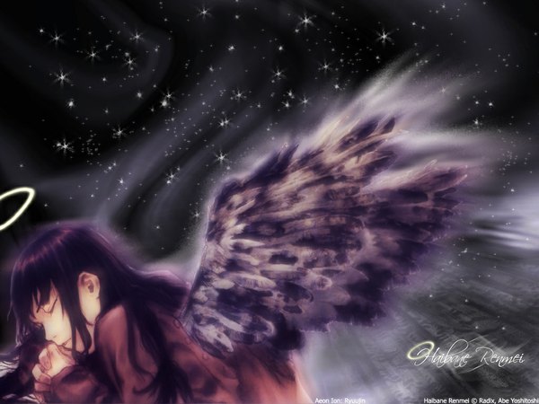 Anime picture 1024x768 with haibane renmei reki (haibane) abe yoshitoshi single long hair signed purple hair upper body eyes closed copyright name sleeping third-party edit space girl wings halo