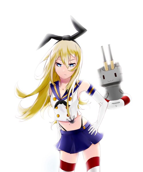 Anime picture 2500x3000 with kantai collection shimakaze destroyer rensouhou-chan magnadk single long hair tall image highres blue eyes simple background blonde hair hair between eyes white background wind bare belly hand on hip looking down light girl thighhighs