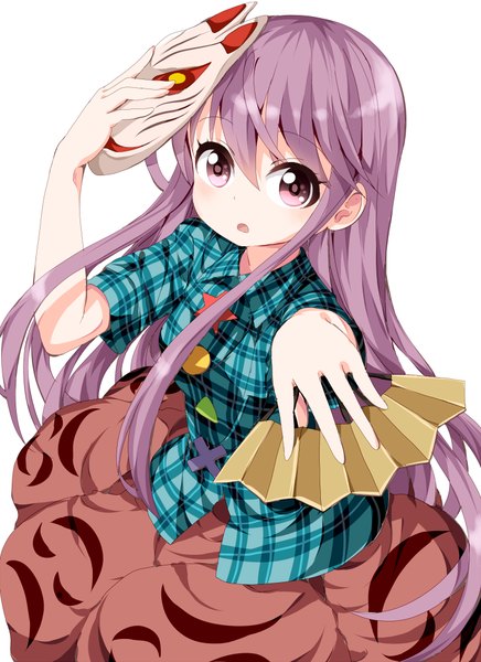 Anime picture 727x1000 with touhou hata no kokoro ruu (tksymkw) single tall image looking at viewer blush fringe open mouth simple background white background purple eyes purple hair from above :o outstretched arm mask on head girl skirt shirt