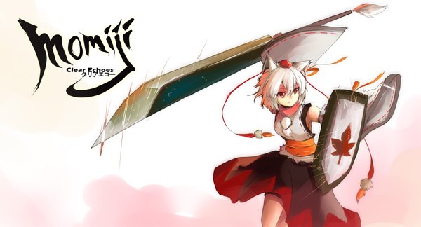 Anime picture 3984x2152 with touhou inubashiri momiji clearechoes single highres short hair simple background red eyes wide image bare shoulders signed animal ears absurdres white hair long sleeves girl weapon hat detached sleeves sword