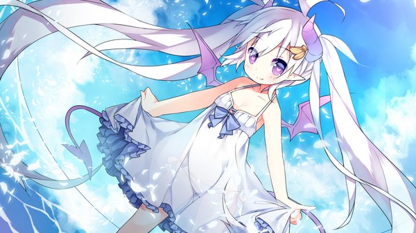 Anime picture 1920x1080 with original rulu saru (longbb) single looking at viewer blush highres light erotic smile wide image purple eyes twintails ahoge white hair very long hair horn (horns) pointy ears wallpaper symbol-shaped pupils demon wings
