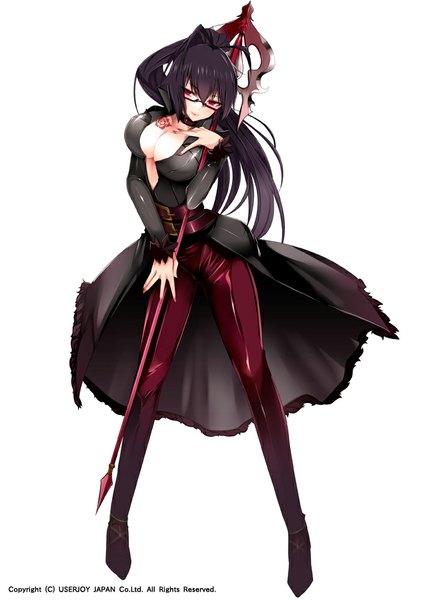 Anime picture 707x1000 with seikon no el dorado tetsubuta single long hair tall image breasts light erotic black hair simple background red eyes large breasts white background cleavage ponytail inscription girl weapon glasses