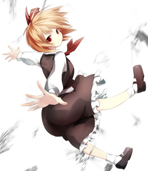 Anime picture 1306x1500 with touhou rumia gorilla (bun0615) single tall image looking at viewer blush short hair blonde hair smile red eyes white background spread arms girl skirt bow hair bow skirt set