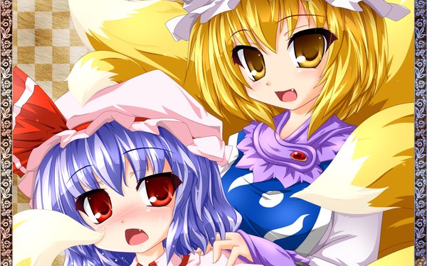 Anime picture 1920x1200 with touhou remilia scarlet yakumo ran kazami karasu blush highres short hair open mouth blonde hair red eyes wide image multiple girls yellow eyes blue hair teeth fang (fangs) fox tail girl 2 girls