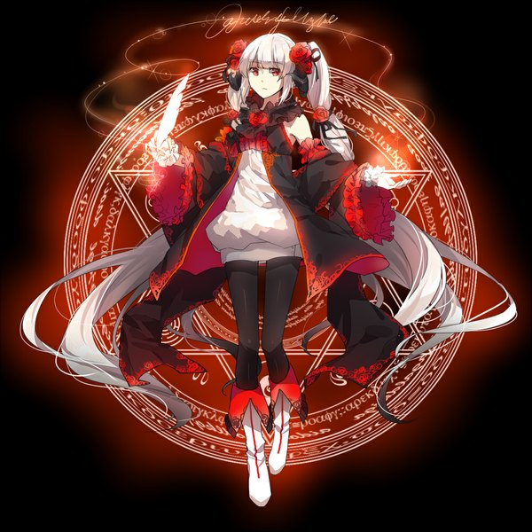 Anime picture 1000x1000 with original pixiv fantasia pixiv fantasia v rella single simple background red eyes twintails bare shoulders white hair very long hair hair flower magic black background girl hair ornament detached sleeves pantyhose boots feather (feathers)