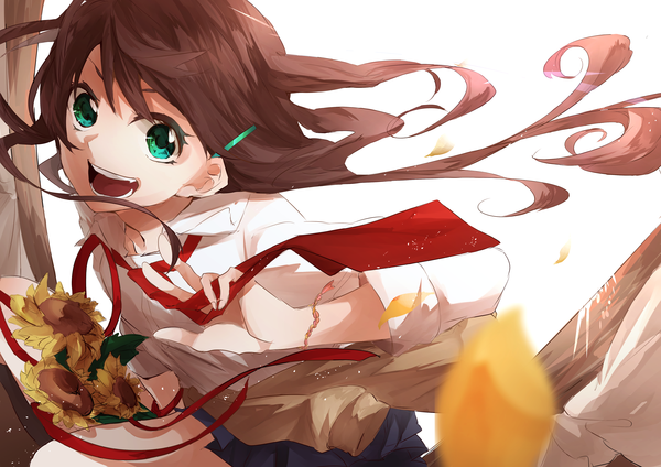 Anime picture 4093x2894 with original miwano rag single long hair looking at viewer fringe highres open mouth smile brown hair green eyes absurdres pleated skirt girl skirt hair ornament flower (flowers) ribbon (ribbons) shirt hairclip