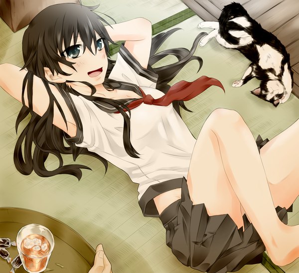 Anime picture 2300x2100 with original jyuku otoko long hair highres black hair lying black eyes arms behind head girl serafuku cat sailor suit
