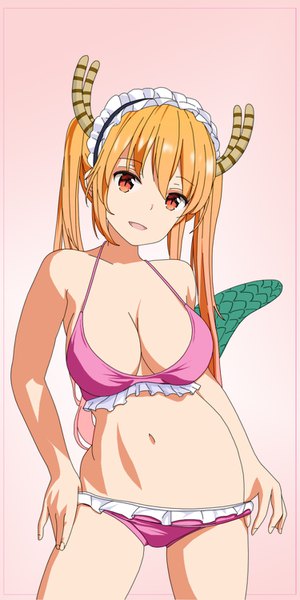 Anime picture 750x1500 with kobayashi-san chi no maidragon kyoto animation tooru (maidragon) shugo19 single long hair tall image looking at viewer fringe breasts open mouth light erotic blonde hair simple background hair between eyes multicolored hair horn (horns) orange eyes gradient background thigh gap