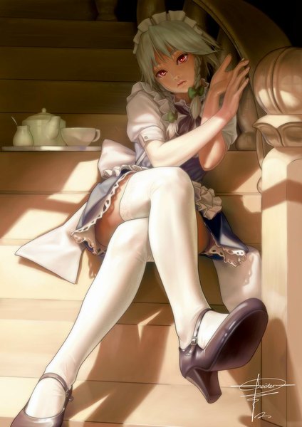 Anime picture 800x1131 with touhou izayoi sakuya geister tall image looking at viewer short hair red eyes sitting signed braid (braids) green hair realistic shadow maid zettai ryouiki twin braids crossed legs girl thighhighs bow