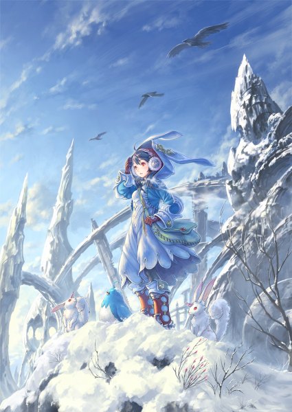 Anime picture 850x1200 with original hisakata souji single long hair tall image animal ears looking away sky ahoge wind grey hair bunny ears fake animal ears winter snow fantasy rock girl gloves plant (plants)