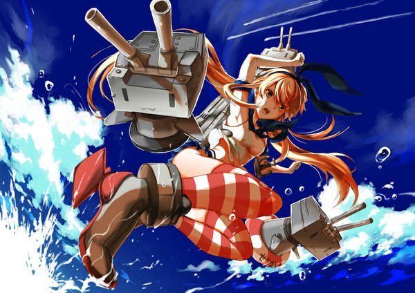 Anime picture 1000x707 with kantai collection shimakaze destroyer rensouhou-chan otona (13206117) single long hair open mouth light erotic blonde hair yellow eyes sky bent knee (knees) arm up from below armpit (armpits) girl thighhighs skirt gloves navel