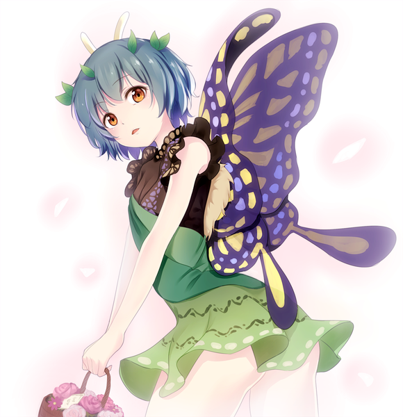 Anime picture 1170x1210 with touhou eternity larva minku (nico seiga) single tall image looking at viewer short hair open mouth light erotic simple background white background grey hair orange eyes insect wings butterfly wings antennae girl dress flower (flowers) wings