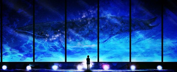 Anime picture 2000x814 with original harada miyuki single highres wide image standing light silhouette boy animal whale