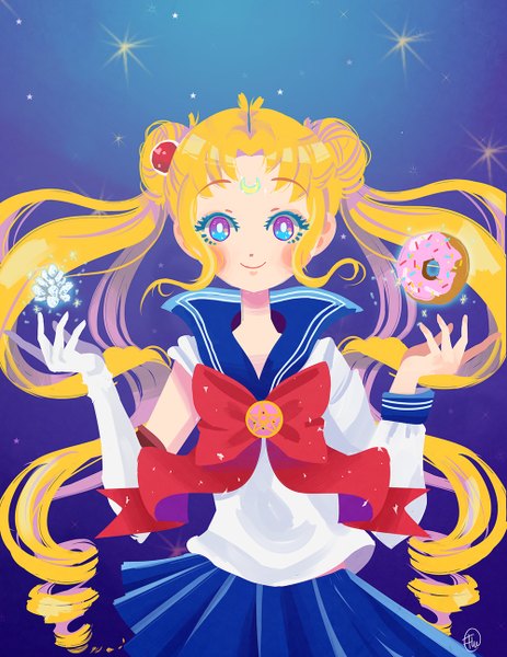 Anime picture 1000x1294 with bishoujo senshi sailor moon toei animation tsukino usagi sailor moon shiho-san single long hair tall image looking at viewer blue eyes blonde hair smile twintails sky pleated skirt arm up night sparkle hair bun (hair buns) night sky