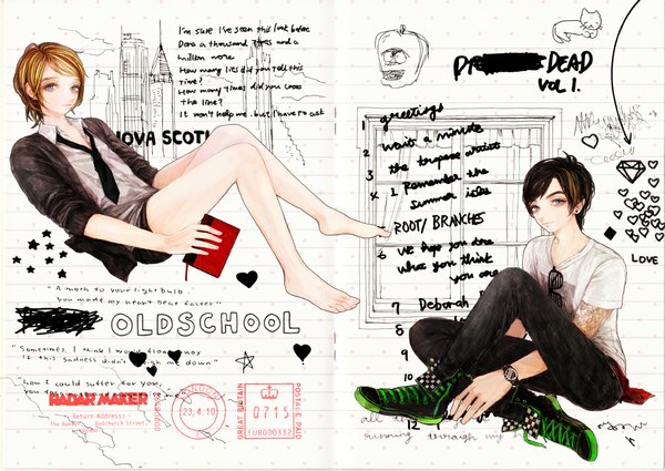 Anime picture 1123x796 with original atori (pixiv369356) looking at viewer short hair black hair blonde hair sitting barefoot inscription grey eyes open collar drawing girl boy glasses necktie shorts window book (books) star (stars)