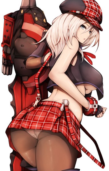 Anime picture 1200x1881 with god eater god eater burst ufotable alisa ilinichina amiella snm (sunimi) single long hair tall image looking at viewer fringe breasts blue eyes light erotic simple background blonde hair hair between eyes large breasts white background ass looking back