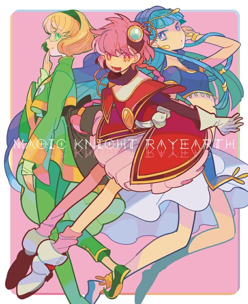 Anime picture 926x1133 with magic knight rayearth clamp ryuuzaki umi shidou hikaru hououji fuu maruco long hair tall image looking at viewer fringe short hair breasts blonde hair purple eyes multiple girls green eyes pink hair bent knee (knees) braid (braids) pleated skirt