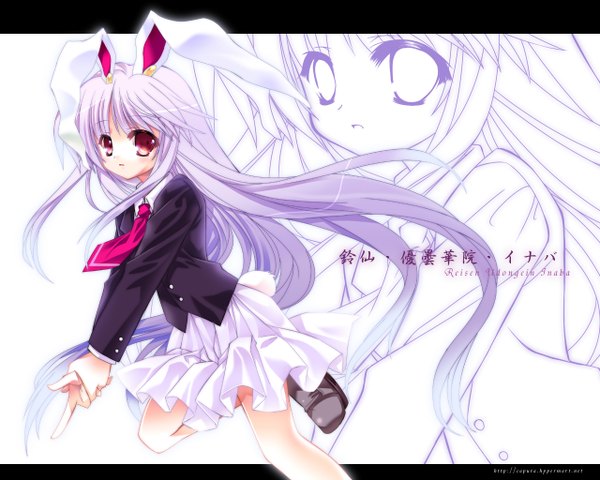 Anime picture 1280x1024 with touhou reisen udongein inaba capura lin looking at viewer open mouth very long hair inscription bare legs bunny ears bunny girl bunny tail finger gun girl necktie blazer