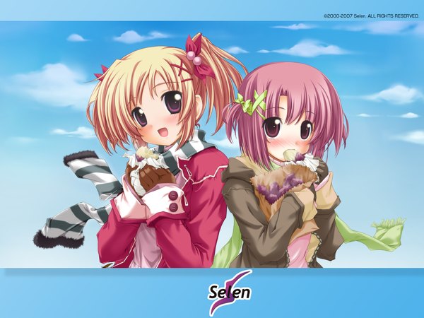 Anime picture 1280x960 with selen looking at viewer blush short hair open mouth blonde hair twintails multiple girls pink hair sky cloud (clouds) upper body :d pink eyes two side up copyright name eating tress ribbon girl gloves