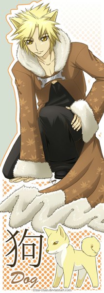 Anime picture 400x1120 with original trina-chan (artist) single tall image blonde hair smile animal ears yellow eyes hand on hip squat polka dot dog ears polka dot background personification zodiac boy animal fur leaf (leaves) pants