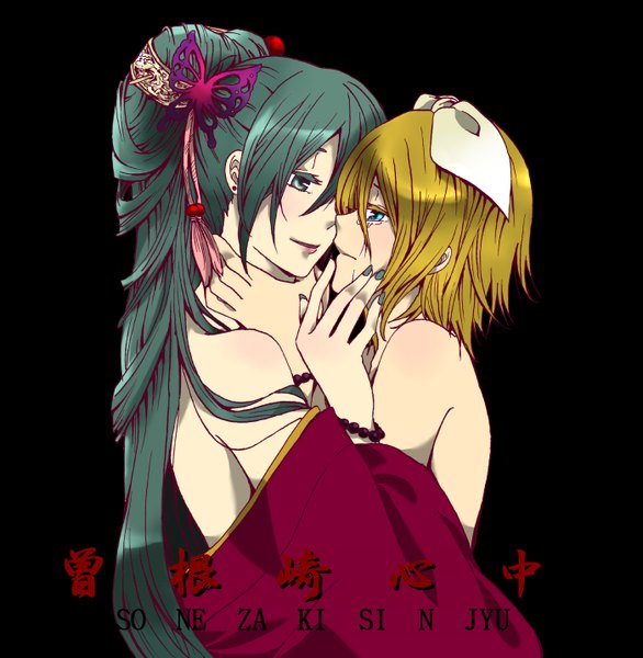 Anime picture 1400x1433 with vocaloid hatsune miku kagamine rin long hair tall image fringe short hair blue eyes simple background blonde hair twintails bare shoulders very long hair nail polish aqua eyes aqua hair hug black background face to face eye contact