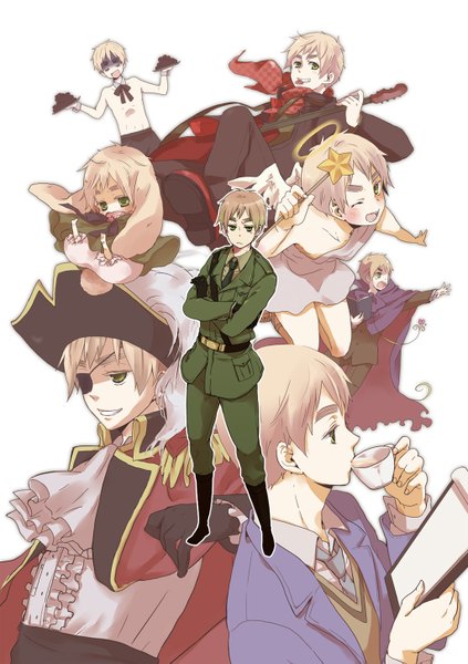 Anime picture 1024x1451 with axis powers hetalia studio deen united kingdom (hetalia) kh (artist) tall image blush short hair open mouth blonde hair smile bare shoulders green eyes animal ears profile one eye closed wink chibi drinking multiple persona military