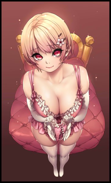Anime picture 1850x3050 with original yin-ting tian single tall image looking at viewer fringe highres short hair breasts light erotic blonde hair simple background smile large breasts standing cleavage full body pink eyes from above no shoes
