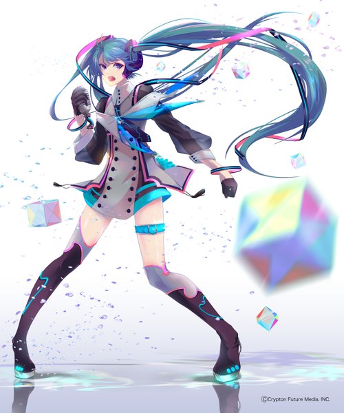 Anime picture 3333x4000 with vocaloid magical mirai (vocaloid) hatsune miku magical mirai miku magical mirai miku (2015) hoshima single long hair tall image looking at viewer fringe highres open mouth standing twintails holding signed absurdres aqua eyes aqua hair