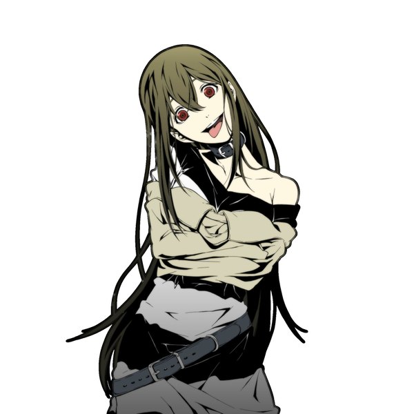 Anime picture 2000x2000 with durarara!! brains base (studio) haruna niekawa wankoro mochi single long hair looking at viewer highres simple background red eyes brown hair standing white background bare shoulders absurdres very long hair midriff crossed arms vector yandere