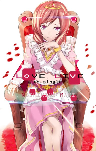 Anime picture 980x1532 with love live! school idol project sunrise (studio) love live! nishikino maki asato (pixiv) single tall image looking at viewer short hair simple background white background sitting pink hair long sleeves pink eyes light smile bare belly short sleeves puffy sleeves crossed legs