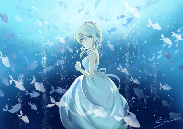 Anime picture 1061x752 with love live! school idol project sunrise (studio) love live! ayase eli shino (shinderera) single long hair looking at viewer blue eyes blonde hair bare shoulders signed ponytail looking back girl dress animal white dress bubble (bubbles) fish (fishes)