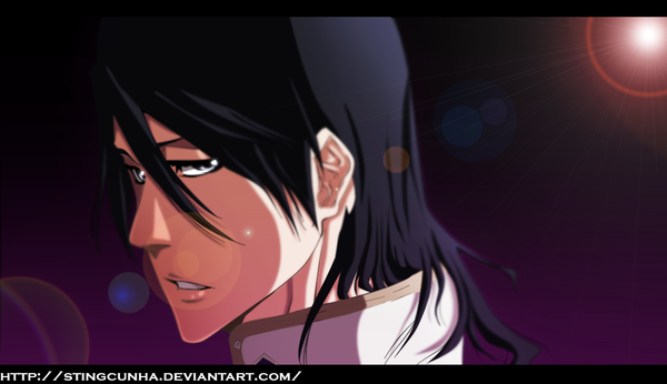 Anime picture 1100x636 with bleach studio pierrot kuchiki byakuya stingcunha single long hair black hair wide image looking back sunlight grey eyes coloring letterboxed close-up face boy sun