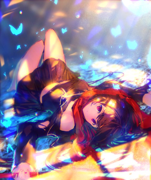 Anime picture 1219x1449 with original enj! single long hair tall image looking at viewer brown hair purple eyes bare shoulders full body bent knee (knees) lying long sleeves pleated skirt barefoot bare legs on back torn clothes expressionless girl