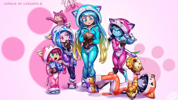 Anime picture 1920x1080 with league of legends sona buvelle jinx (league of legends) annie (league of legends) shyvana (league of legends) kalista (league of legends) phantom (ptcrow) long hair blush fringe highres short hair open mouth blue eyes black hair simple background blonde hair red eyes wide image standing