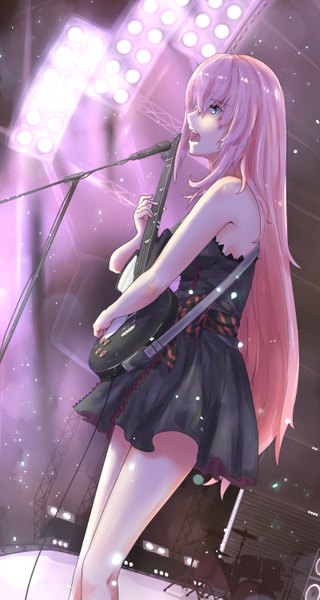Anime picture 3200x6000 with vocaloid megurine luka suppakarn prakobkij (soompook2122) single long hair tall image fringe highres open mouth blue eyes hair between eyes standing bare shoulders holding looking away pink hair absurdres profile bare legs lens flare