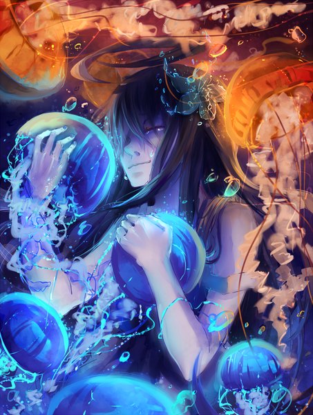 Anime picture 755x1000 with original yurui karameru long hair tall image fringe black hair smile bare shoulders hair flower underwater girl hair ornament flower (flowers) water bubble (bubbles) jellyfish