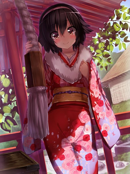 Anime picture 750x1000 with kami nomi zo shiru sekai takahara ayumi wataru (zazazazazazawa) single tall image looking at viewer blush short hair black hair smile brown eyes traditional clothes japanese clothes girl hairband kimono obi