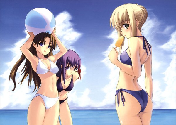 Anime picture 1679x1200 with fate (series) fate/stay night studio deen type-moon artoria pendragon (all) saber toosaka rin matou sakura shingo (missing link) long hair looking at viewer short hair open mouth blue eyes light erotic blonde hair brown hair standing purple eyes multiple girls