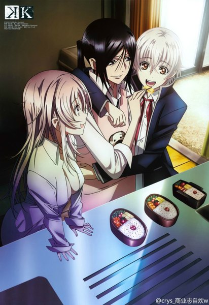 Anime picture 1024x1490 with k-project gohands (studio) neko (k project) yashiro isana yatogami kuroh tagme (artist) long hair tall image highres short hair open mouth blue eyes black hair blonde hair smile pink hair scan open clothes open shirt text